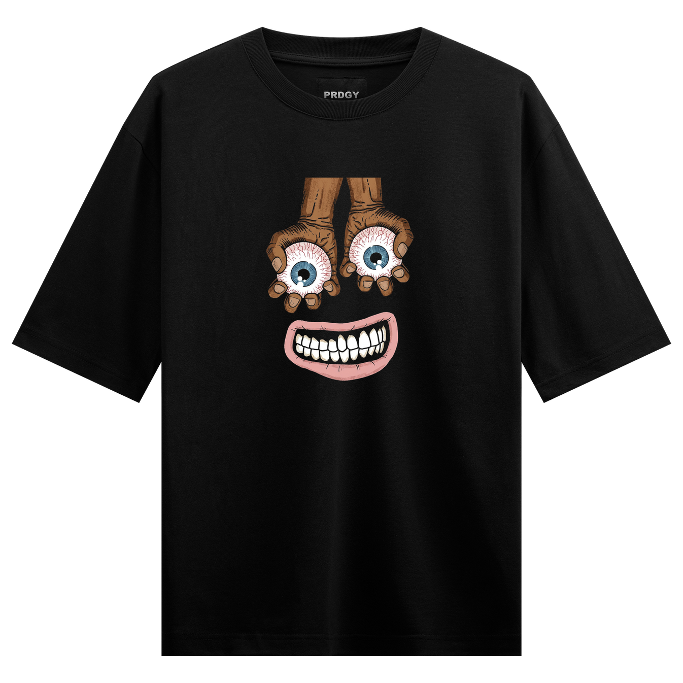 Mad Watcher Oversized T-Shirt by PRDGY — eye-catching graphic of hands, eyeballs and teeth, streetwear design