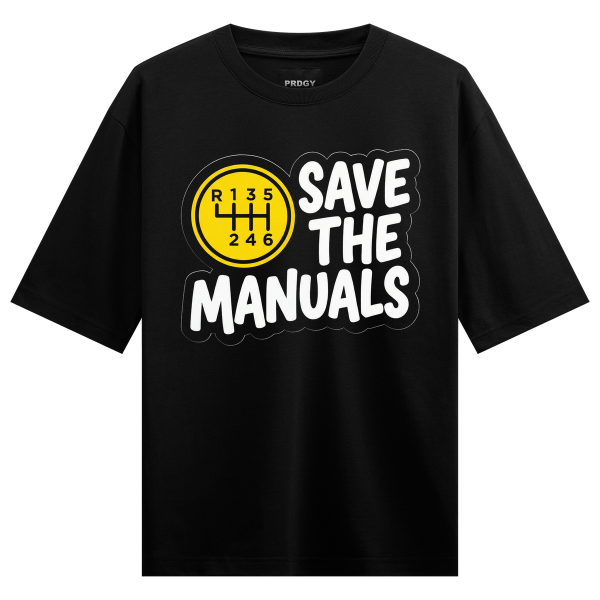 Manual Transmission Oversized T-Shirt by PRDGY — 'Save the Manuals' graphic for car enthusiasts, automotive design