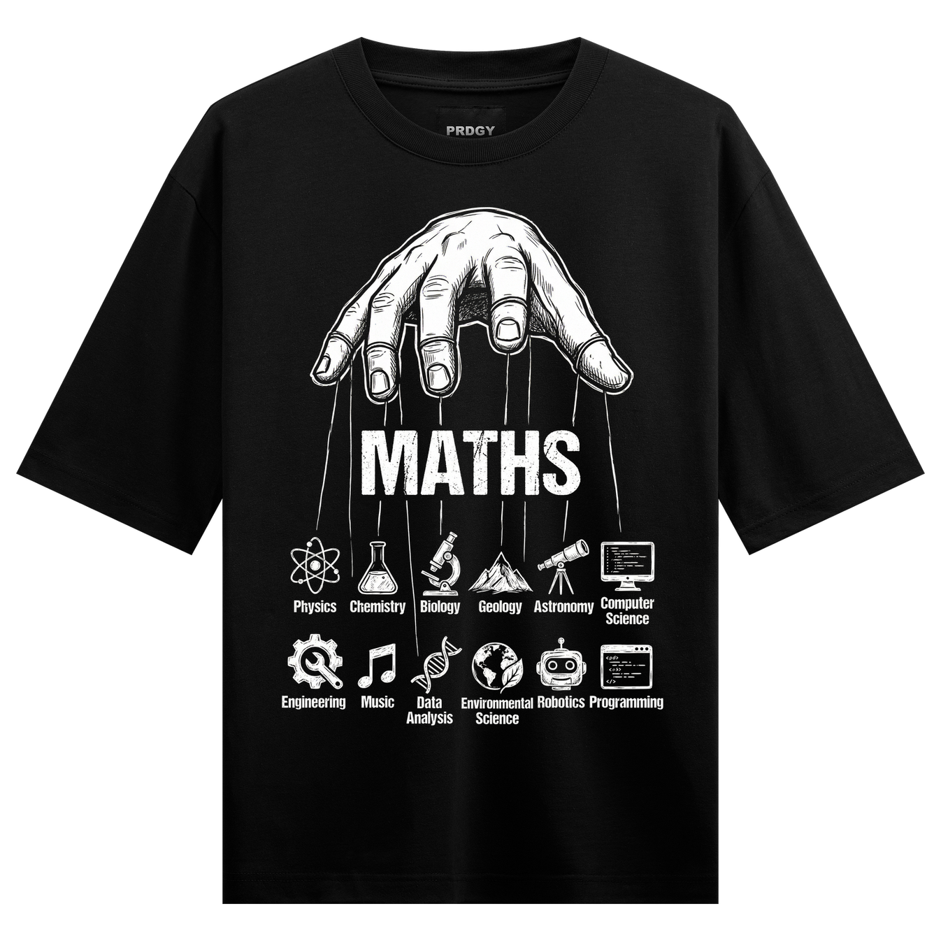 Maths Master Oversized T-Shirt by PRDGY — A hand controlling various subjects like maths and sciences, spiritual design.