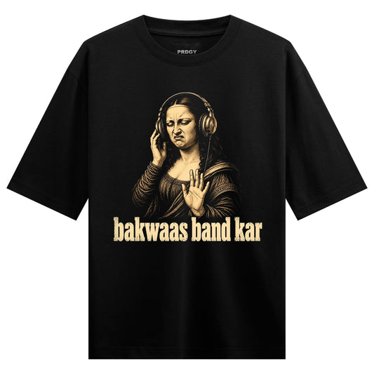 Mona Lisa Block Oversized T-Shirt — a sepia-toned Mona Lisa wearing headphones, frowning, and holding up a hand