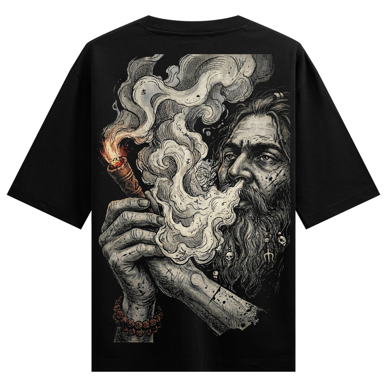 Mystic Smoke Oversized T-Shirt by PRDGY — intricate graphic of a smoking sadhu, spiritual design