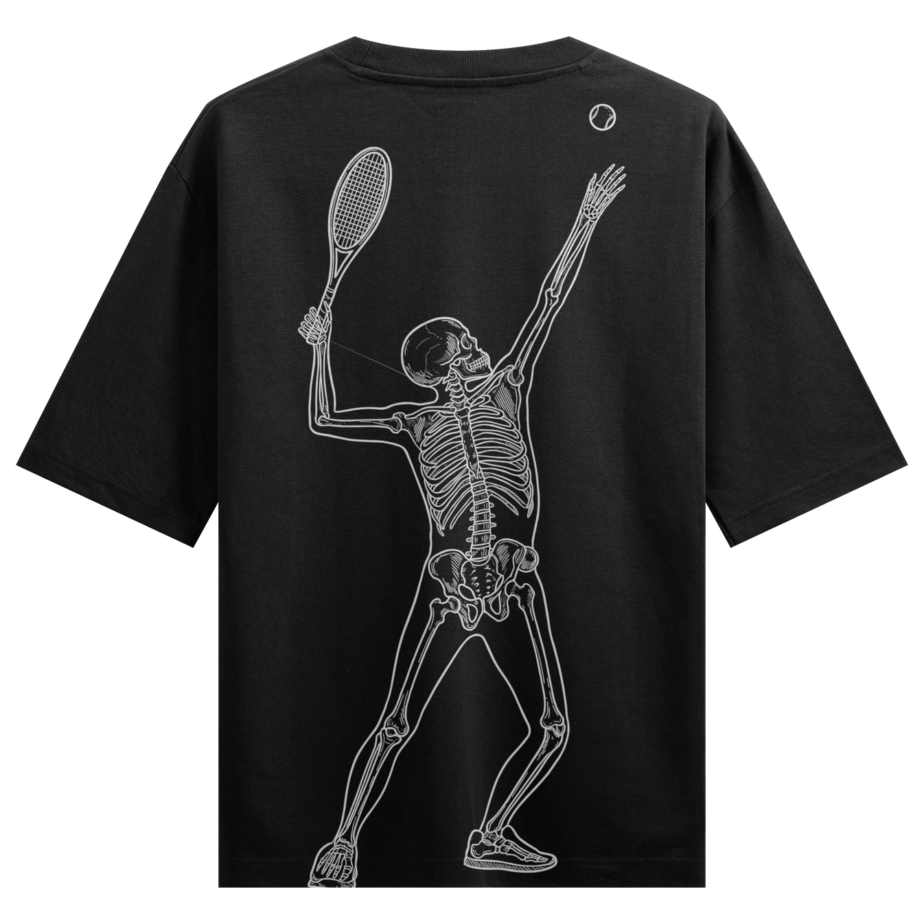 Skeleton Tennis Player artwork on PRDGY oversized t-shirt