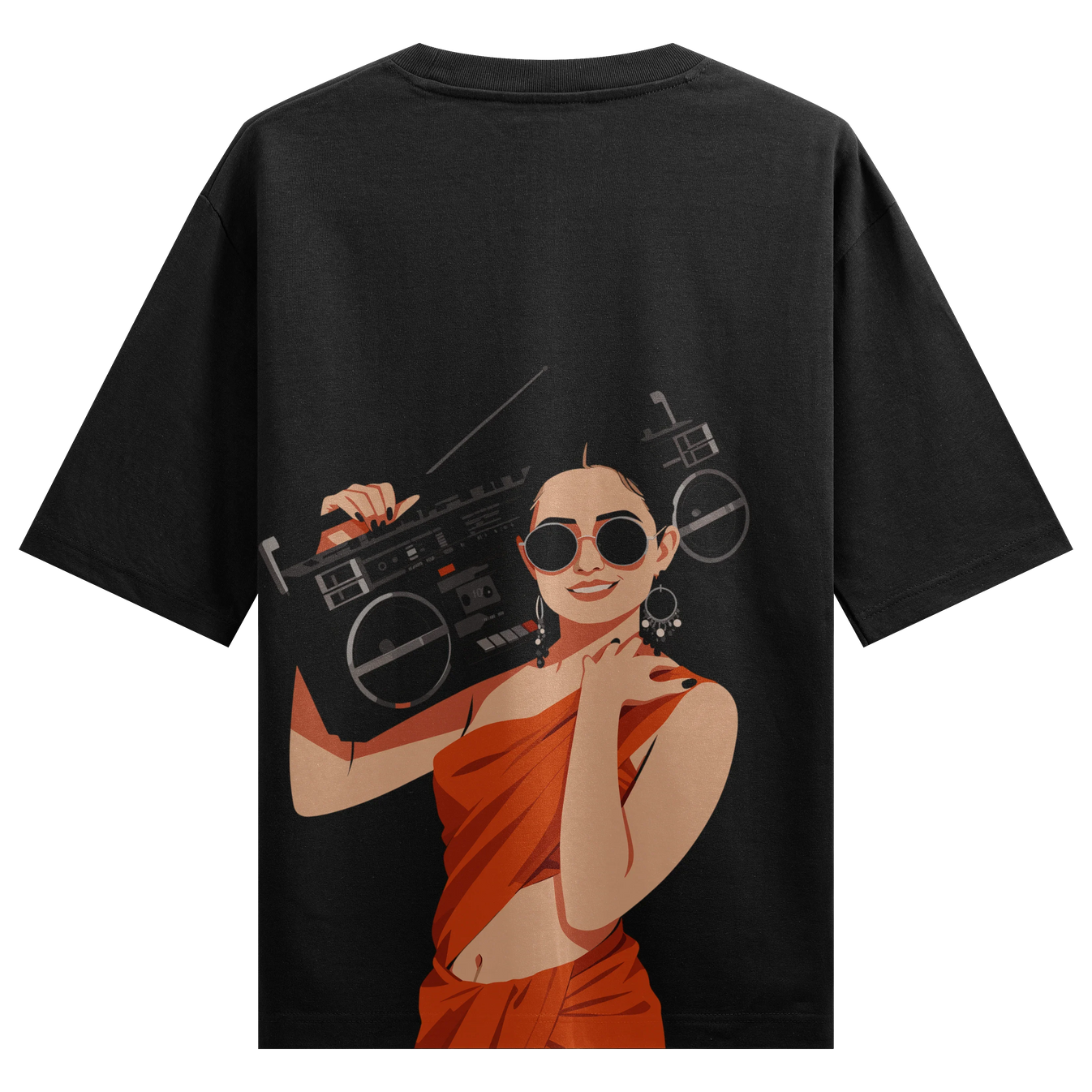 Boombox Woman artwork on PRDGY oversized t-shirt