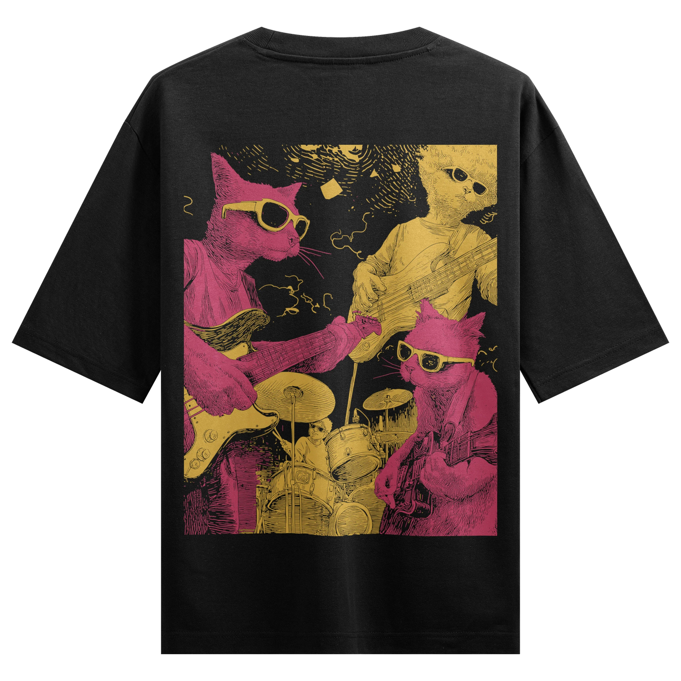 Cats Playing Music artwork on PRDGY oversized t-shirt