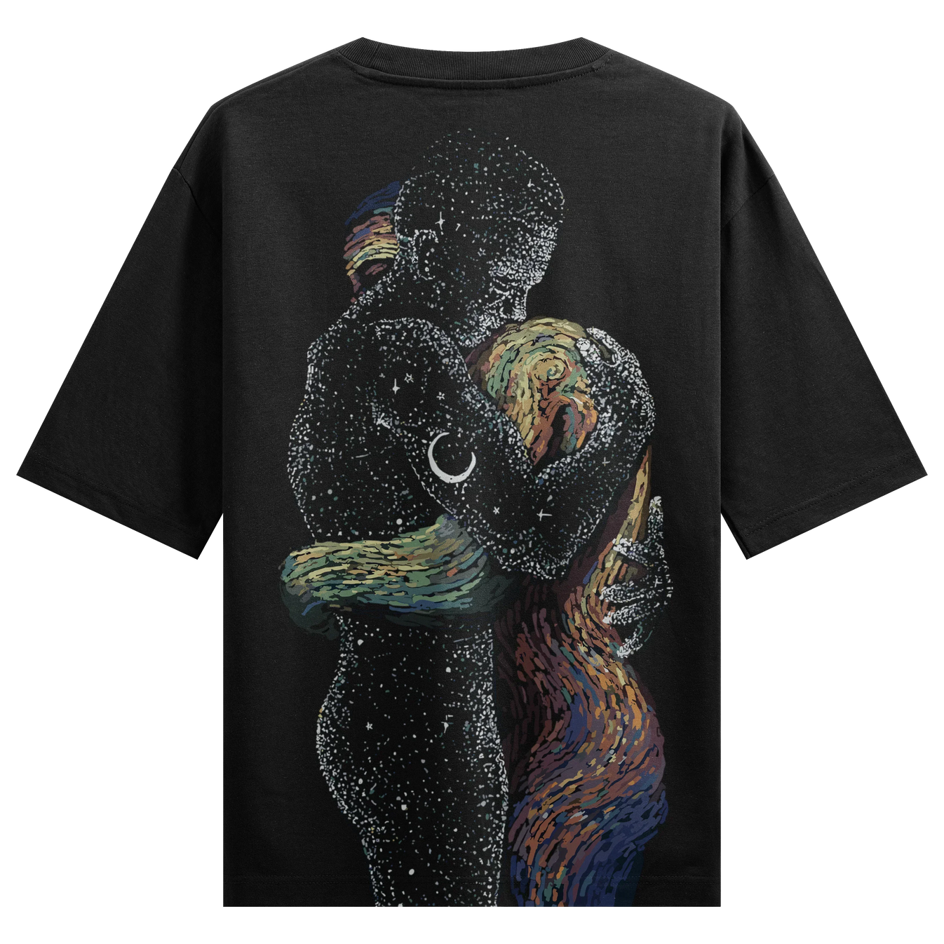 Cosmic Embrace artwork on PRDGY oversized t-shirt