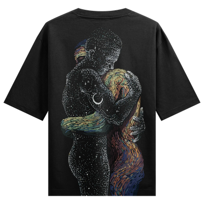 Cosmic Embrace artwork on PRDGY oversized t-shirt