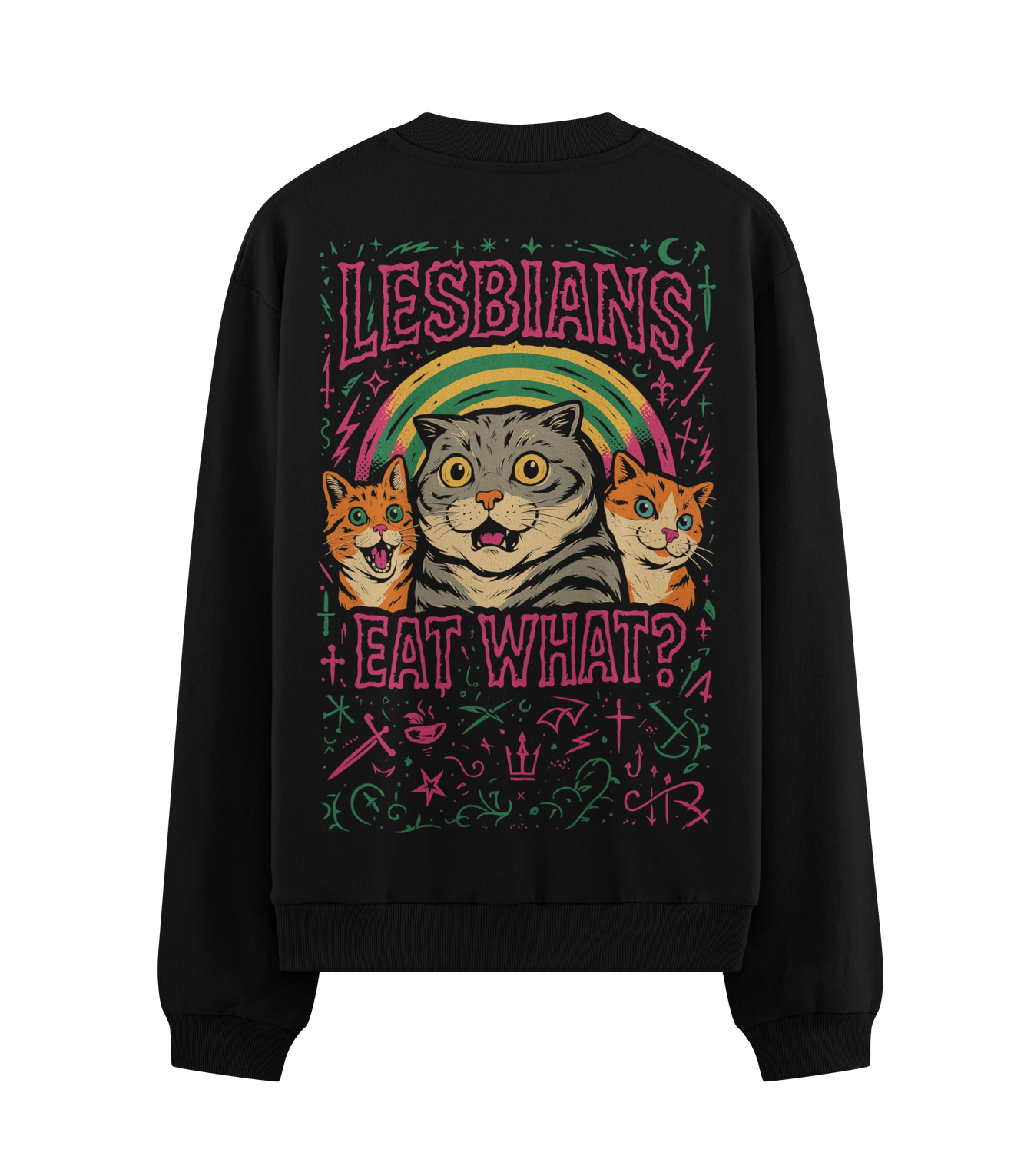 LESBIANS EAT WHAT? artwork on PRDGY sweatshirt