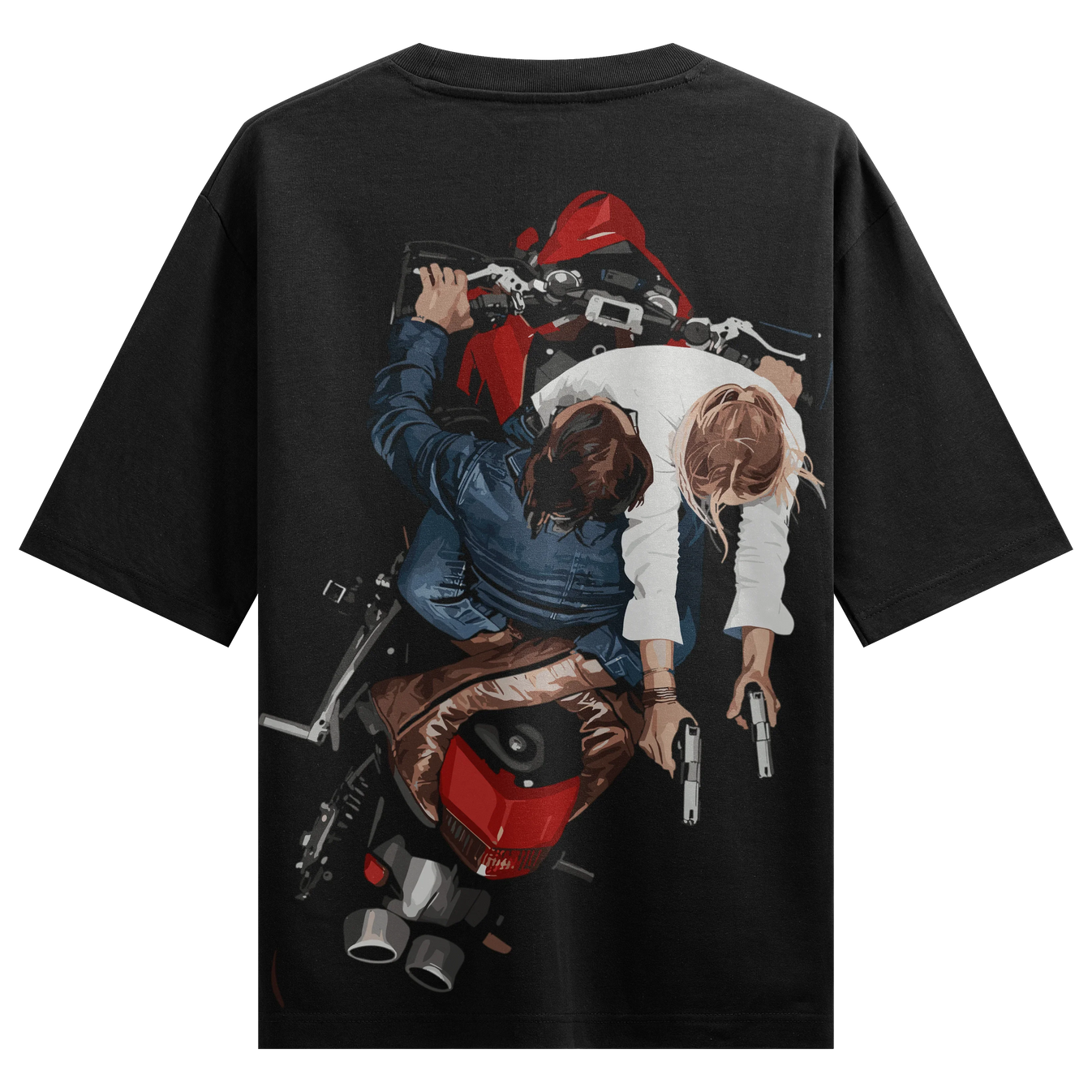 Motorcycle Couple artwork on PRDGY oversized t-shirt