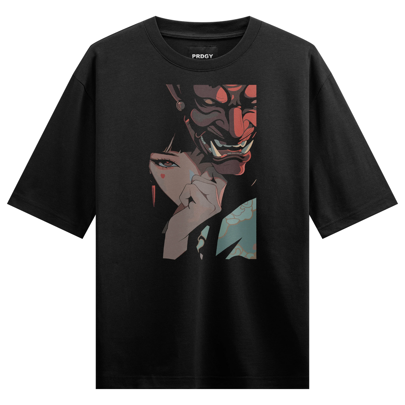Oni Mask artwork on PRDGY oversized t-shirt