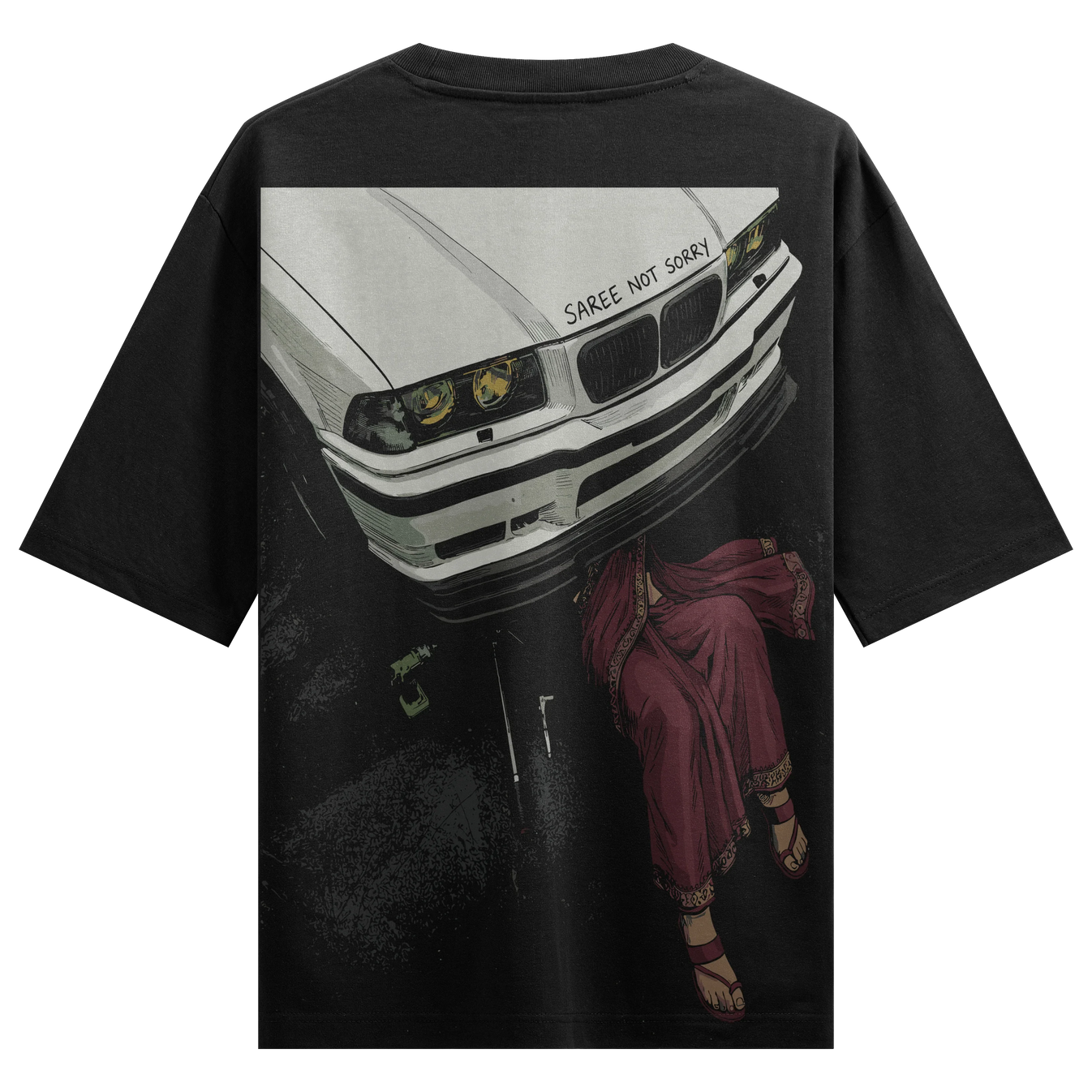 SAREE NOT SORRY artwork on PRDGY oversized t-shirt