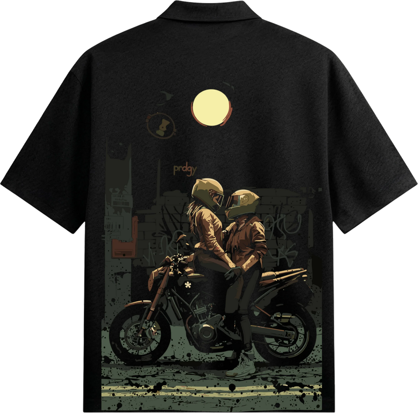 Motorcycle Couple artwork on PRDGY oversized t-shirt