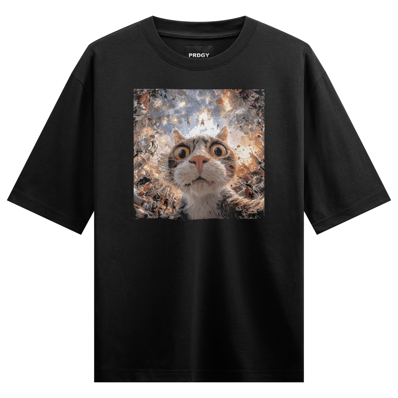 Funny Cat artwork on PRDGY oversized t-shirt