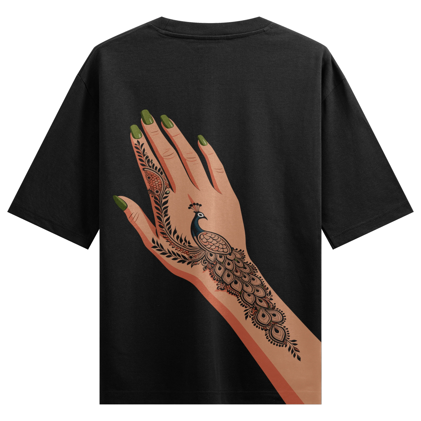 Peacock Henna artwork on PRDGY oversized t-shirt