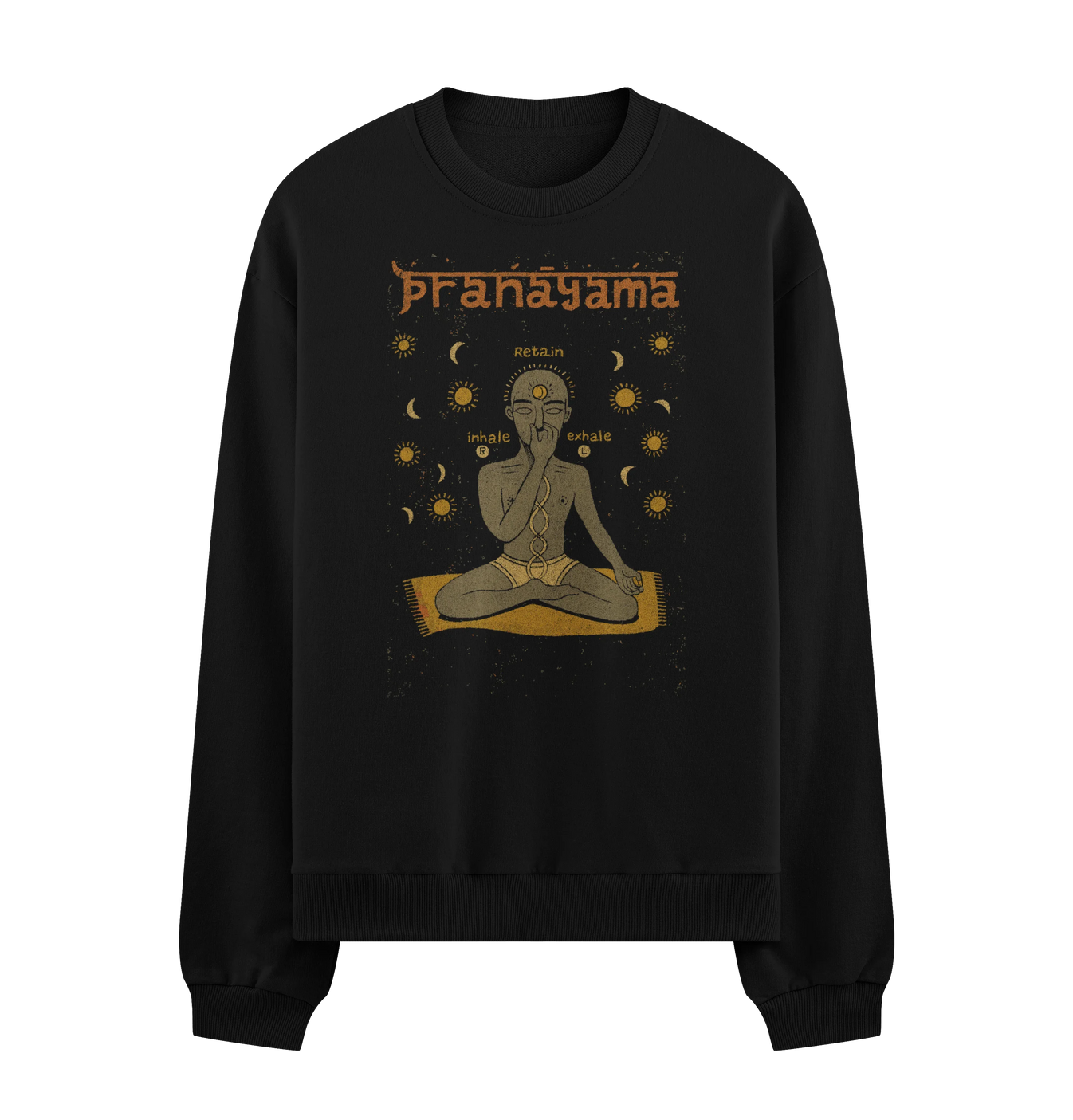 PRANAYAMA Retain Inhale Exhale R L artwork on PRDGY sweatshirt