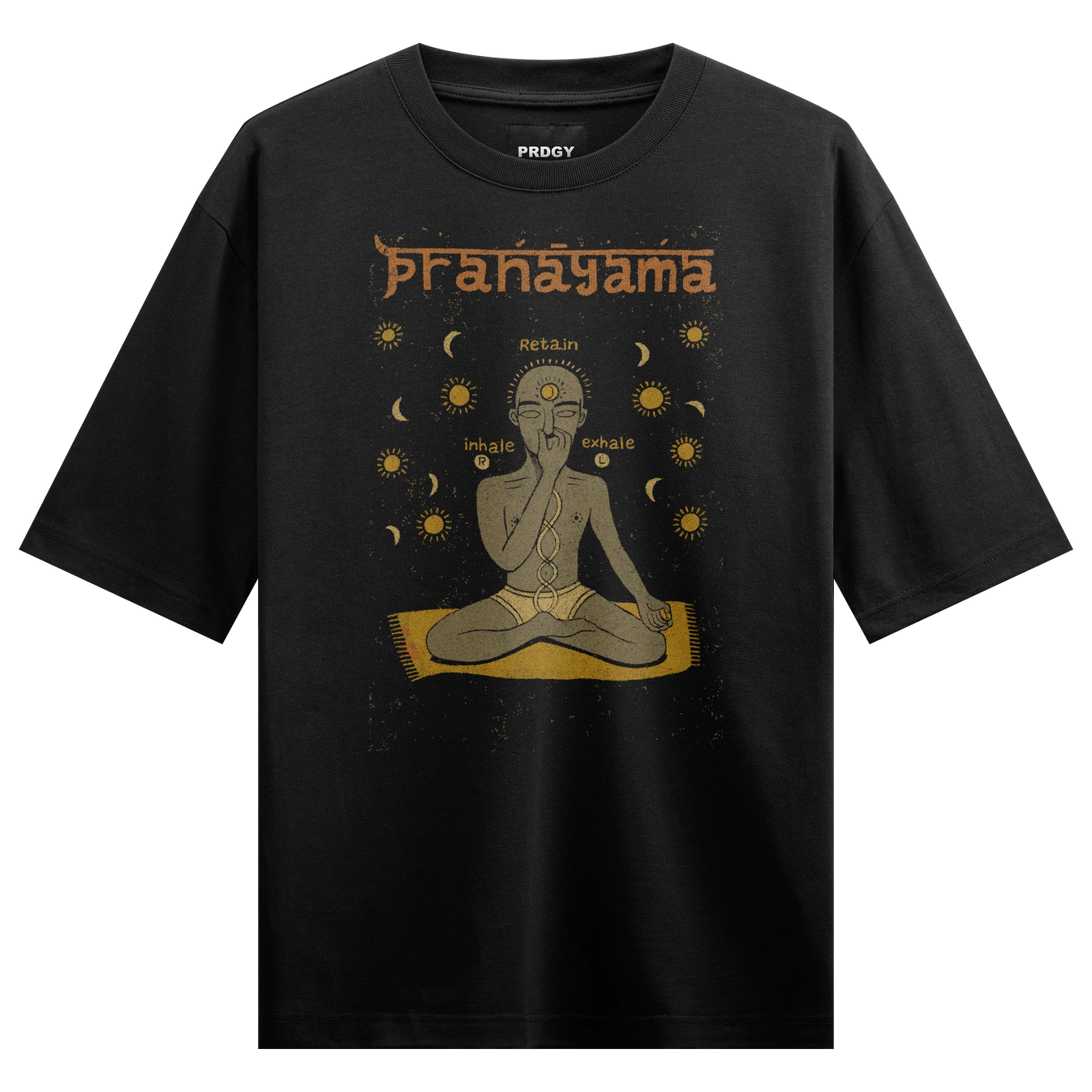 PRANAYAMA Inhale Retain Exhale R L artwork on PRDGY oversized t-shirt