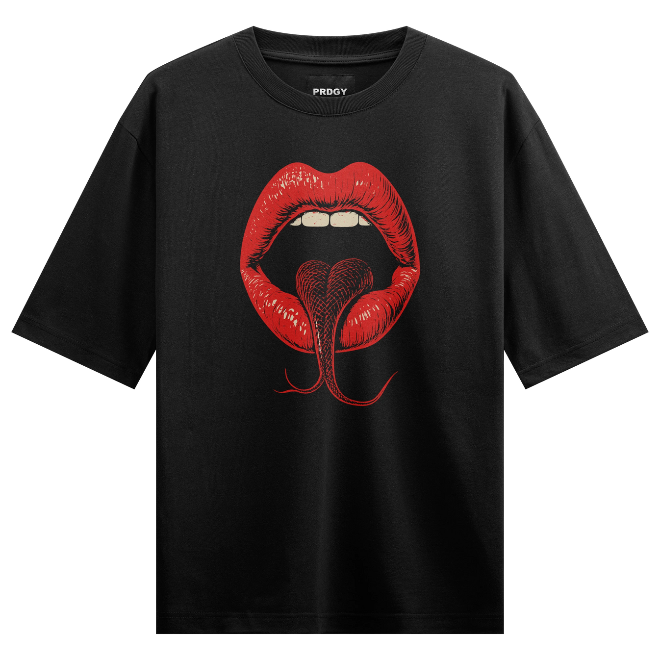 Snake Tongue Lips artwork on PRDGY oversized t-shirt