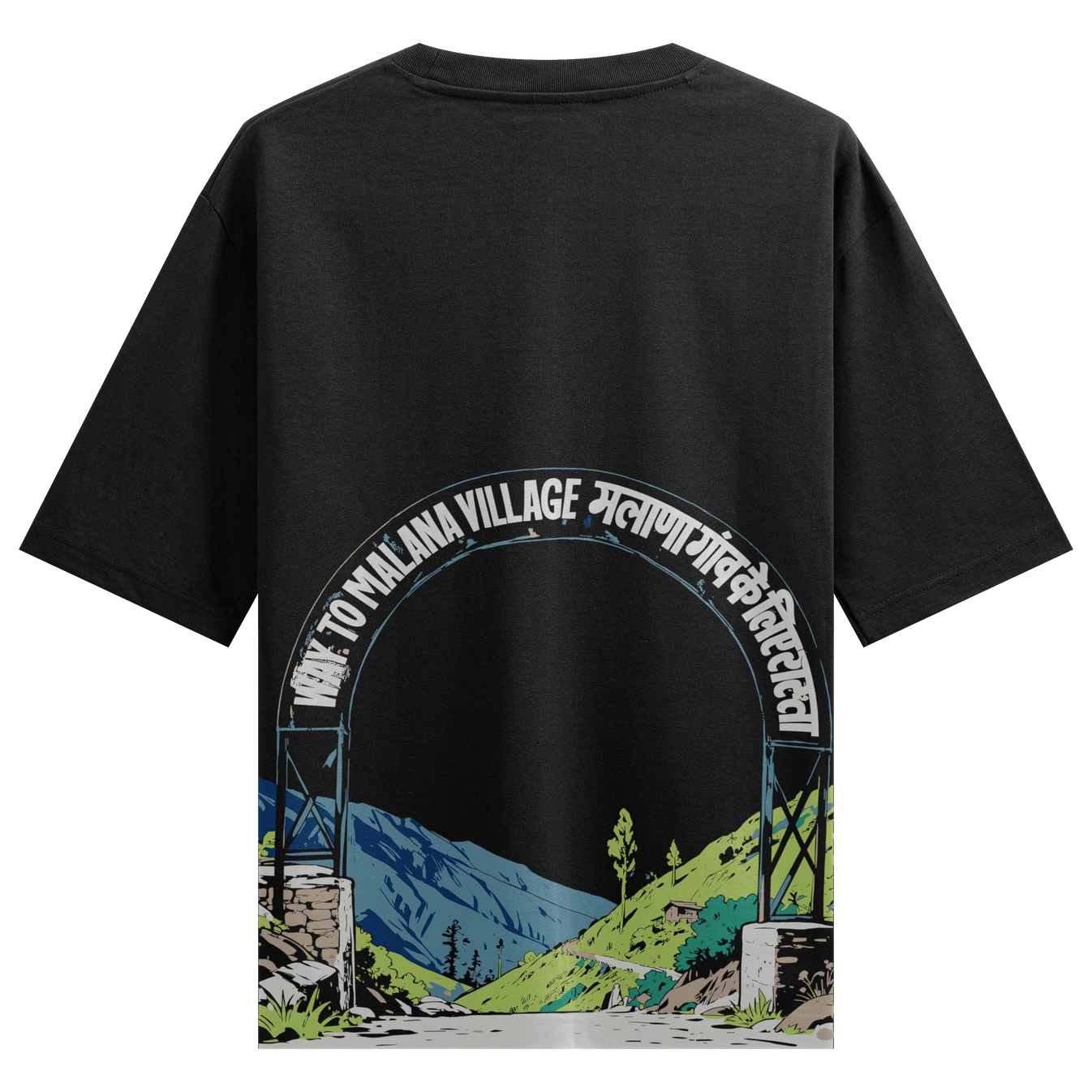 WAY TO MALANA VILLAGE artwork on PRDGY oversized t-shirt