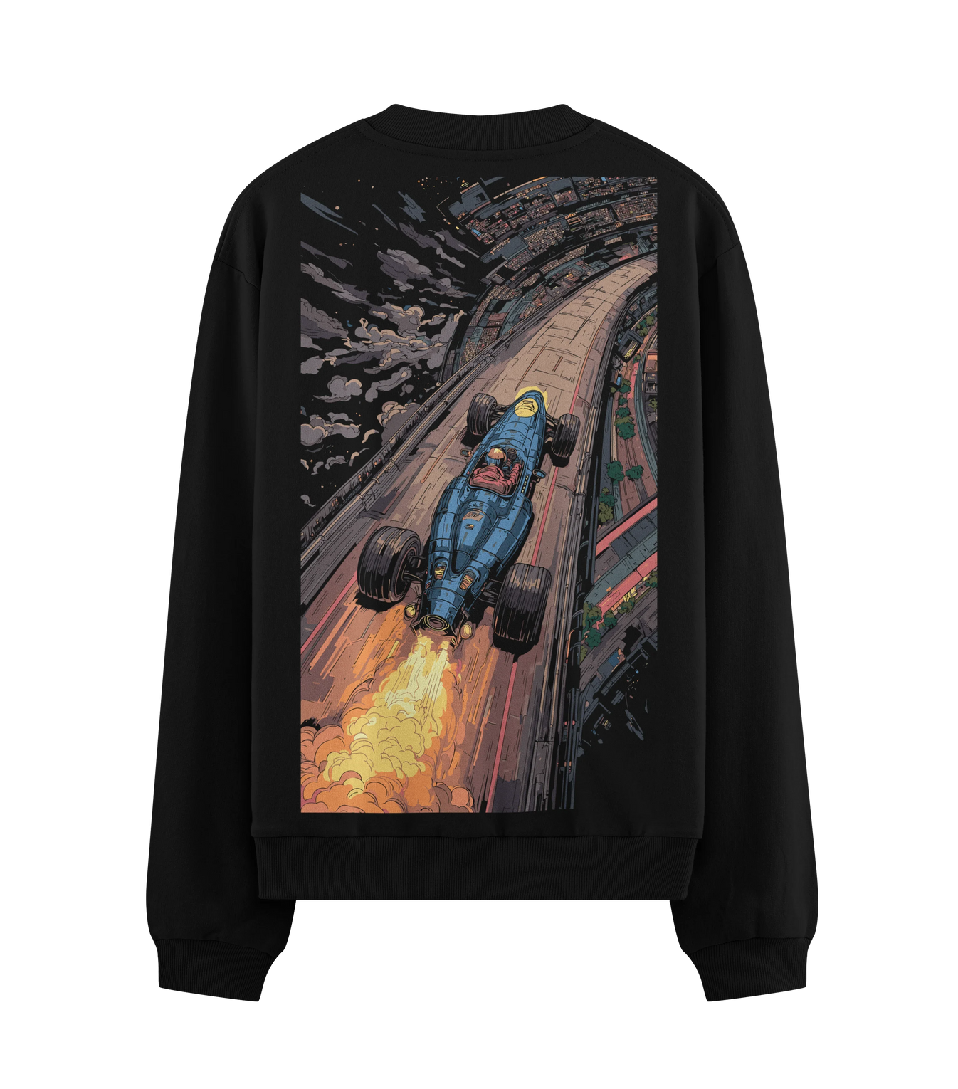 Futuristic Race Car artwork on PRDGY sweatshirt