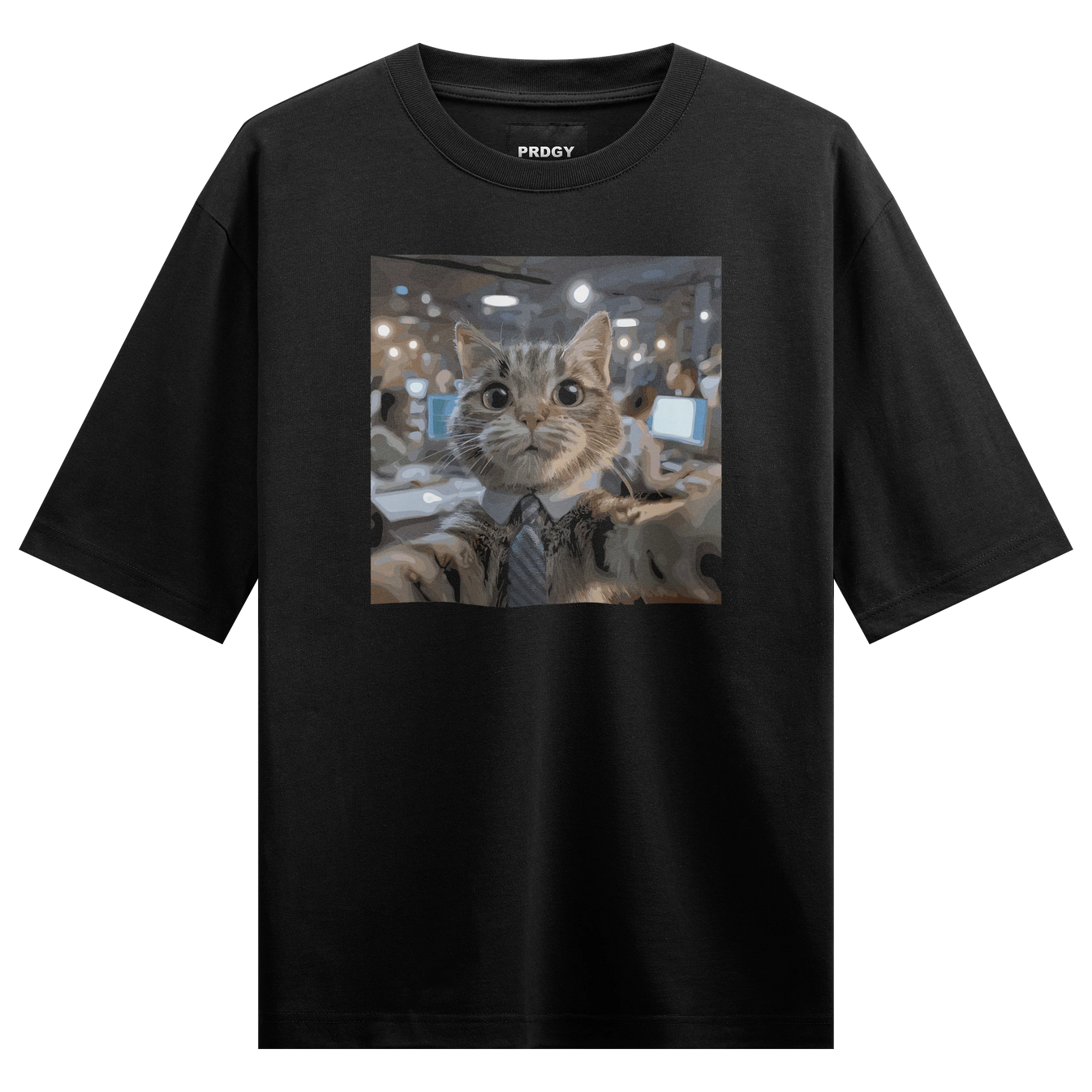 Funny Cat artwork on PRDGY oversized t-shirt