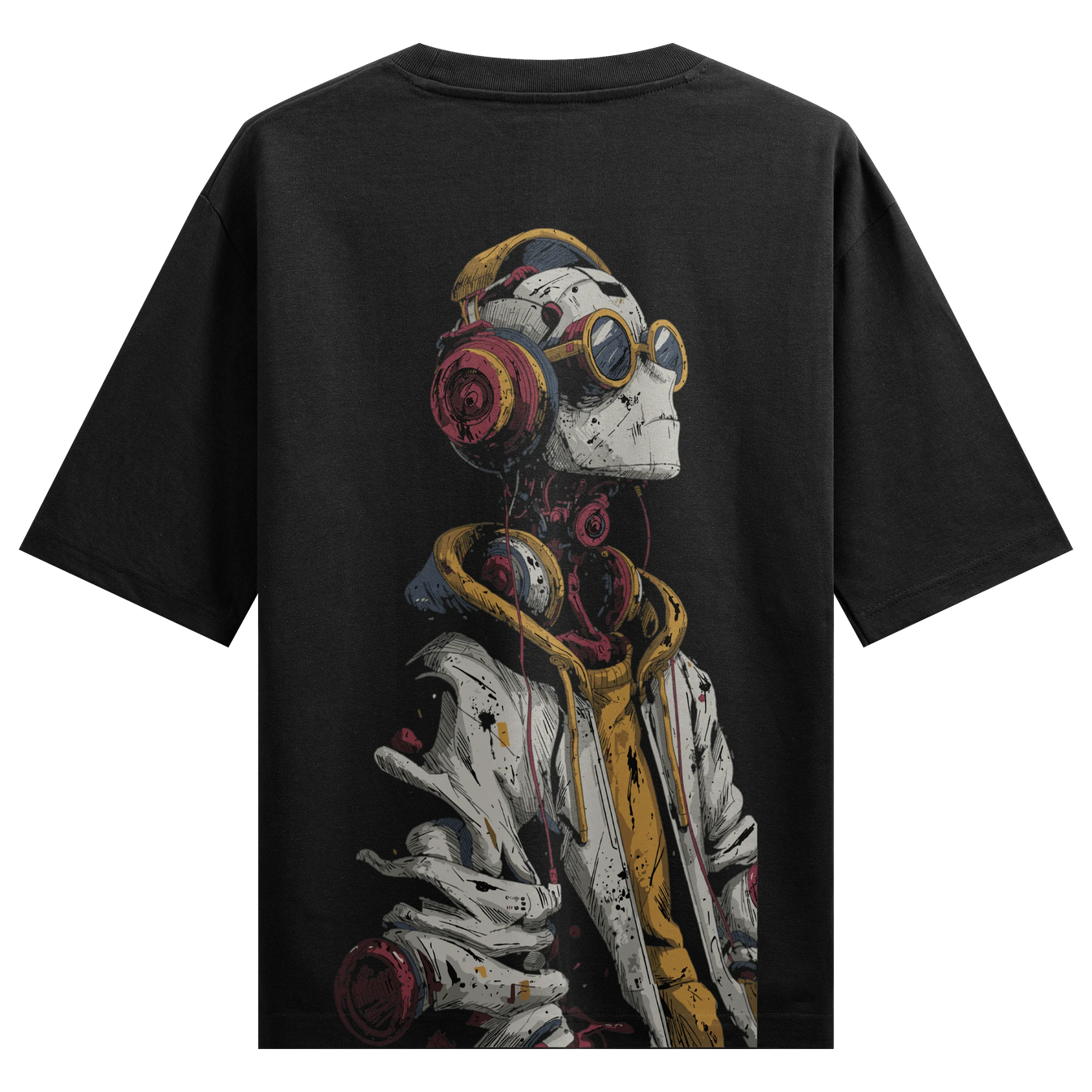Skeleton DJ artwork on PRDGY oversized t-shirt