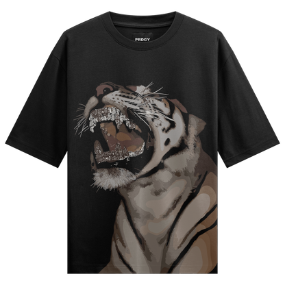 Roaring Beast Oversized T-Shirt by PRDGY — fierce tiger graphic with metallic teeth design, animal print design