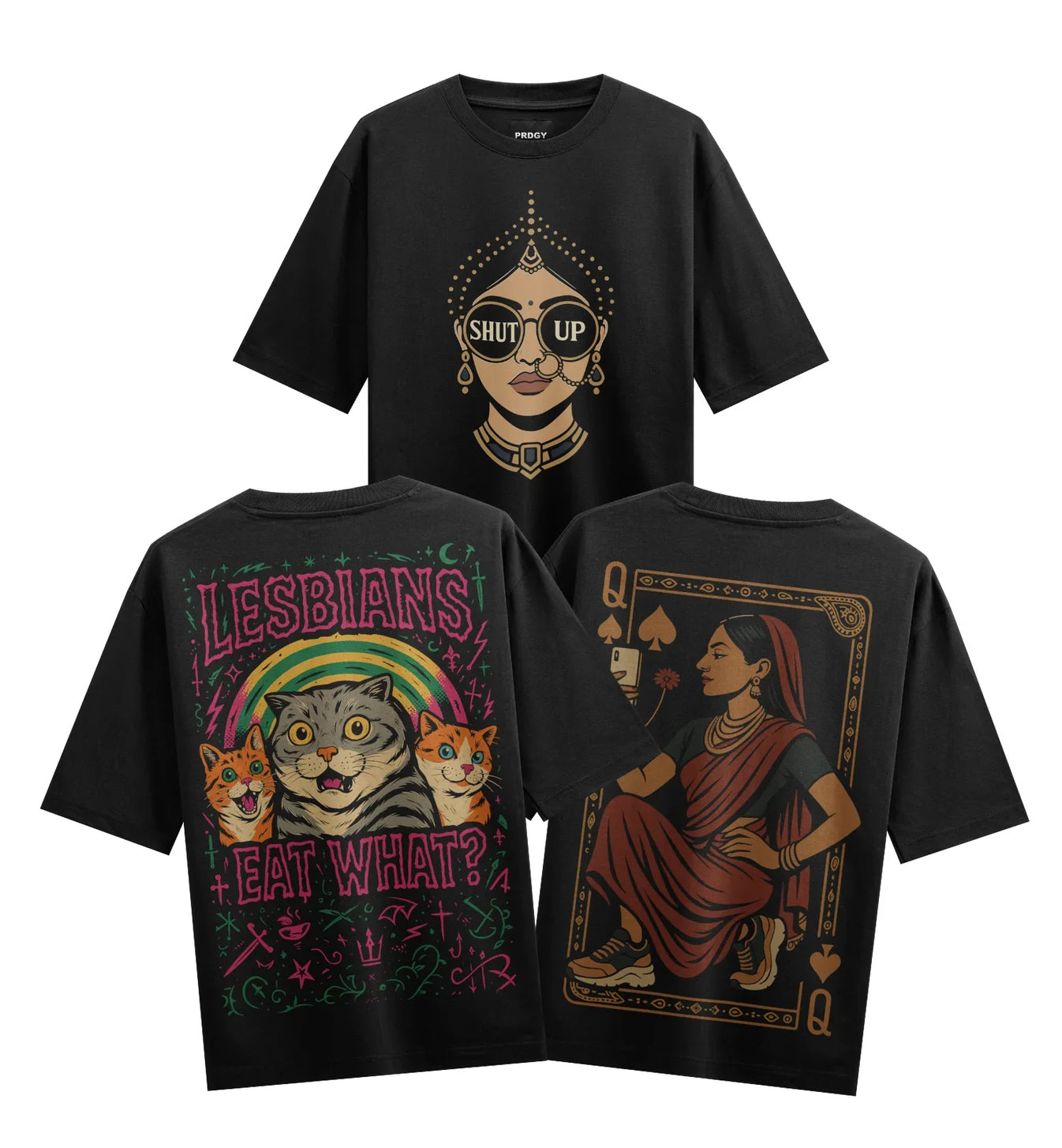SHUT UP LESBIANS EAT WHAT? artwork on PRDGY oversized t-shirt
