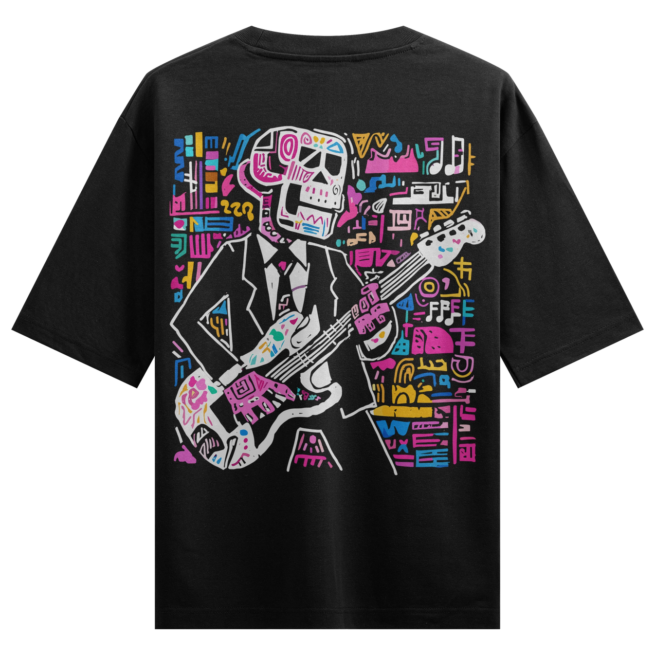 Skeleton Guitarist artwork on PRDGY oversized t-shirt