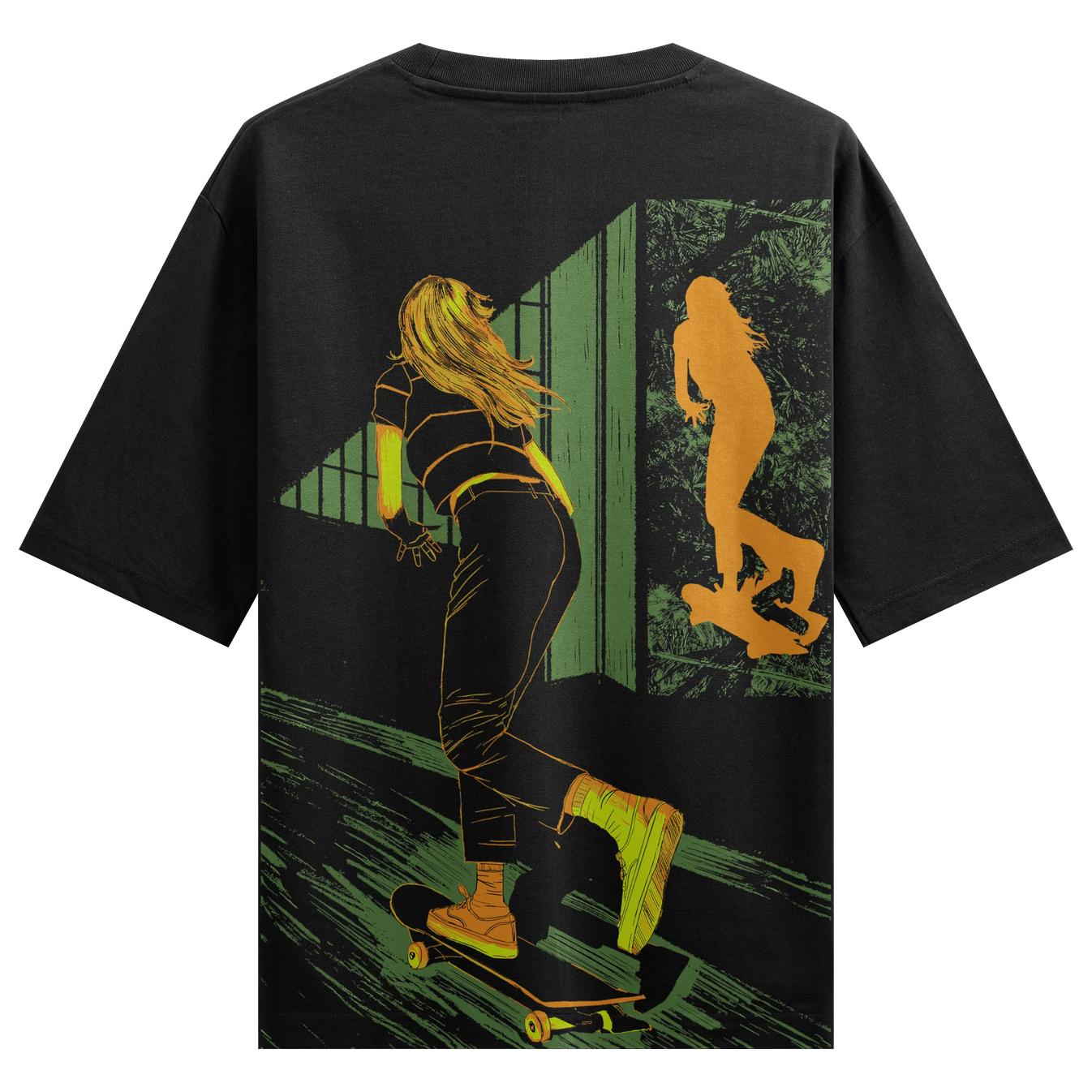 Skateboarding artwork on PRDGY oversized t-shirt
