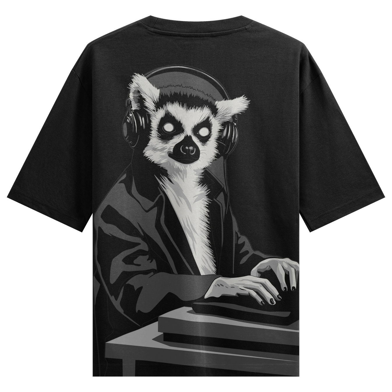 Lemur DJ artwork on PRDGY oversized t-shirt