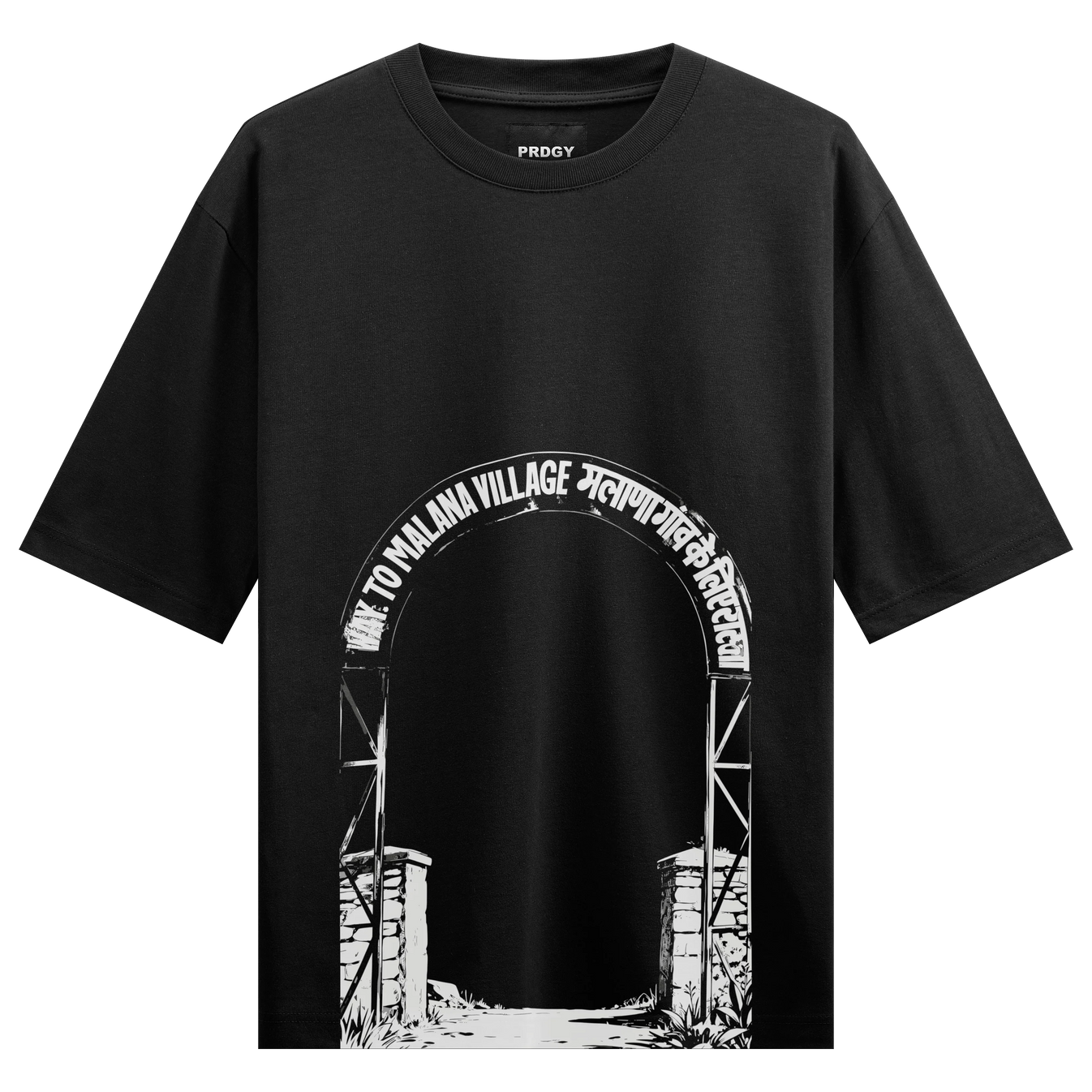 WELCOME TO MALANA VILLAGE artwork on PRDGY oversized t-shirt