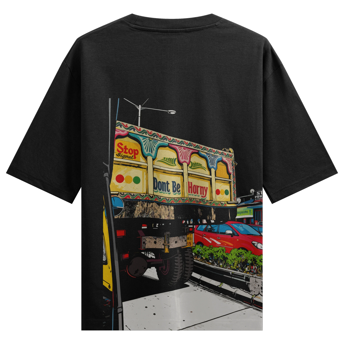 Stop Signal Dont Be Horny artwork on PRDGY oversized t-shirt