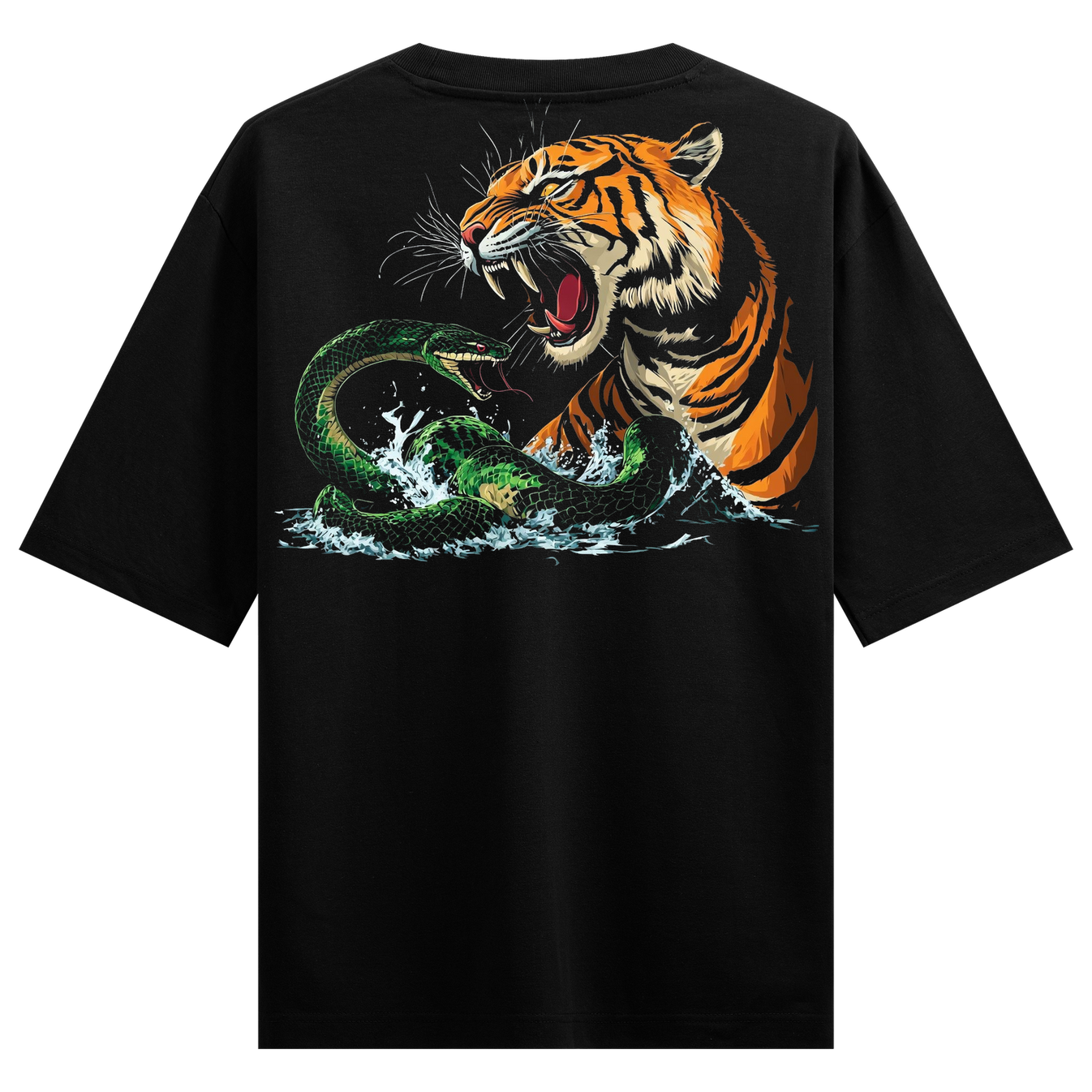 Aapsi Maamla Oversized T-Shirt by PRDGY — fierce tiger battling a green dragon in water splash artwork, animal warfare design
