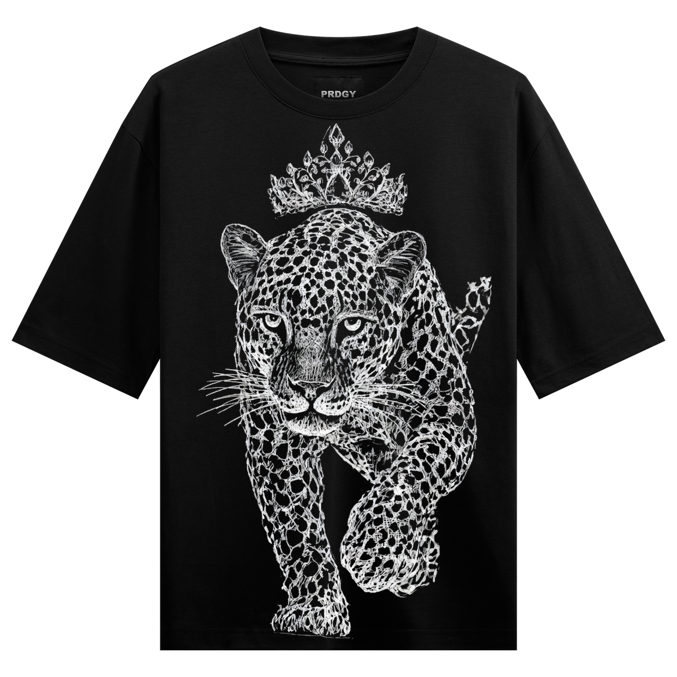 Amazonian King T-Shirt by PRDGY — detailed line-art leopard with crown, animal print design