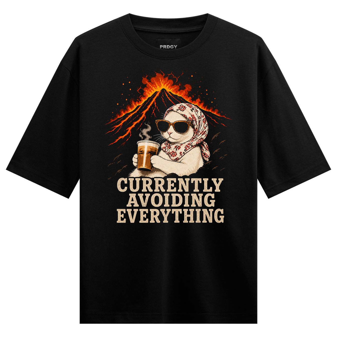 Avoiding T-Shirt by PRDGY — laid-back character in sunglasses with beer before erupting volcano, humour design