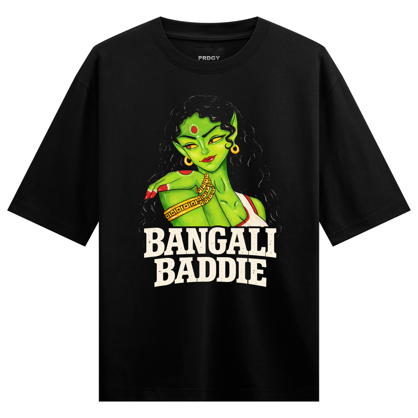 Bangali Baddie Oversized T-Shirt by PRDGY — bold neon green goddess graphic, cultural design