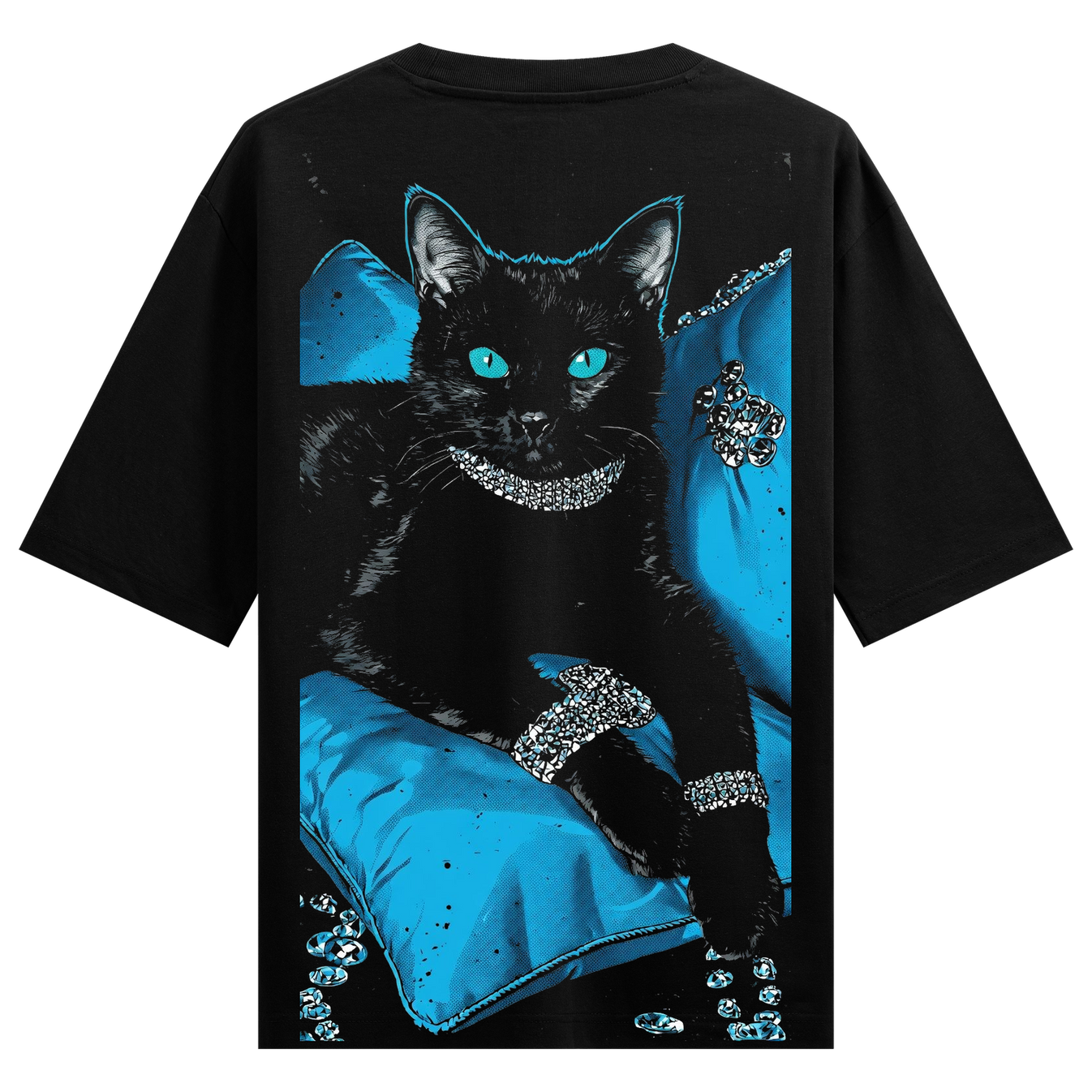 Bling Cat Oversized T-Shirt by PRDGY — black cat with blue eyes wearing diamond jewelry, animal design