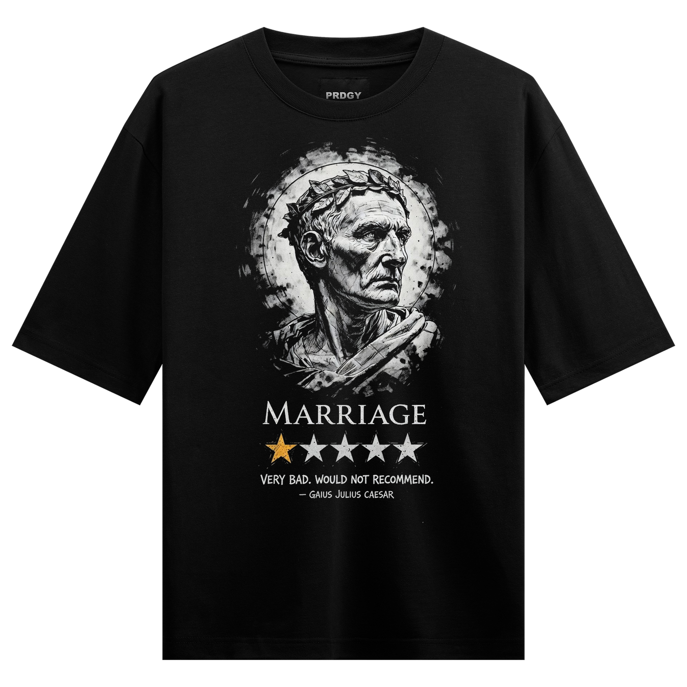 Caesar's Lament Oversized T-Shirt by PRDGY — Roman bust with laurel crown and one-star rating, witty design