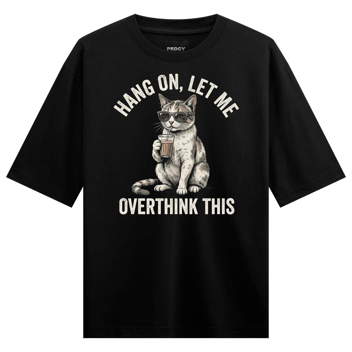 Caffeine Vibes Oversized T-Shirt by PRDGY — humorous cat graphic with coffee theme, funny design