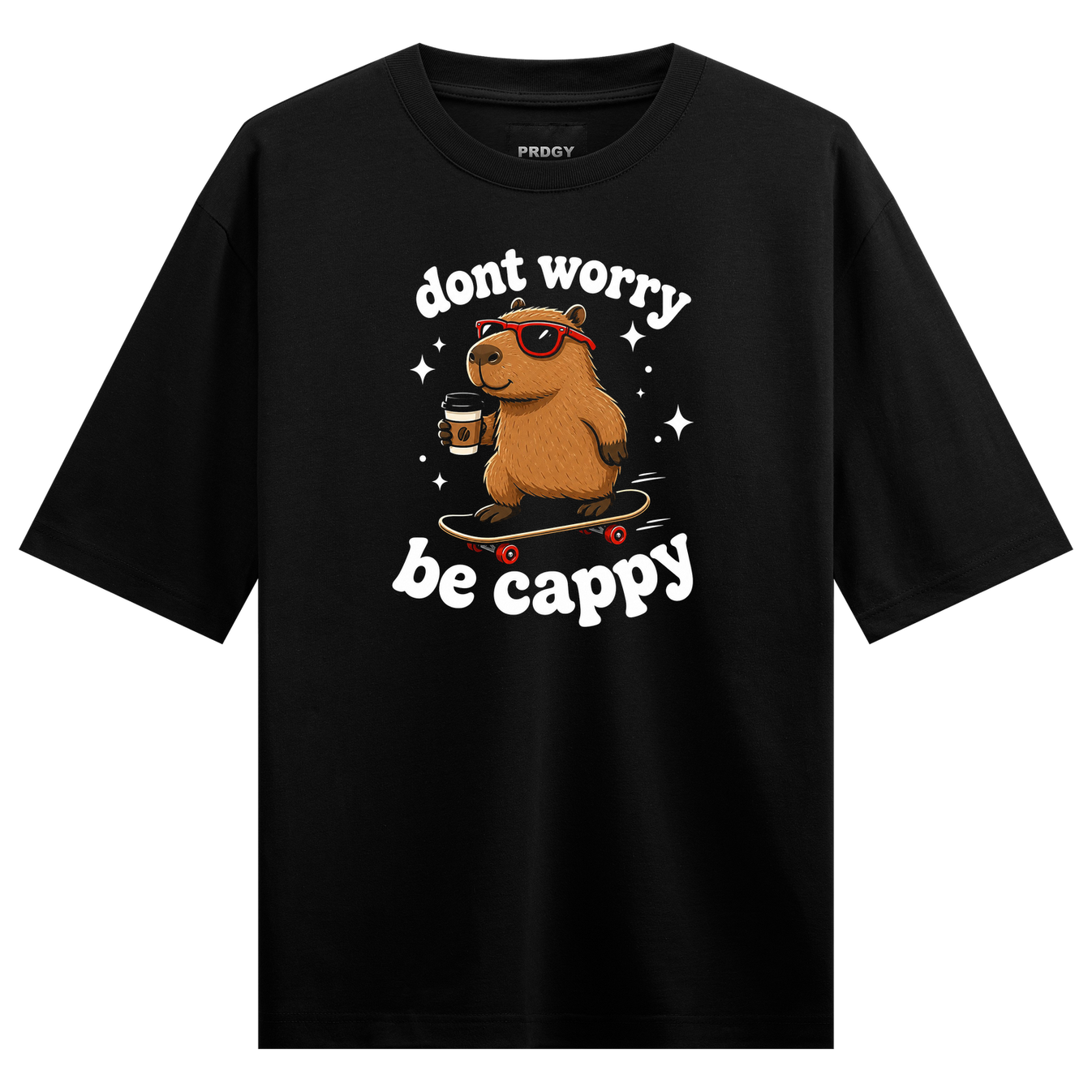 Cappy T-Shirt by PRDGY — Cool capybara on skateboard with sunglasses and coffee cup, animal graphic design.