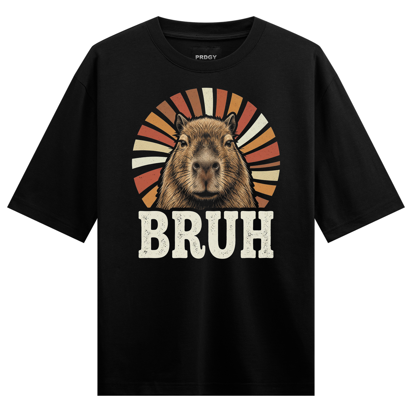 Capybara Bruh Oversized T-Shirt by PRDGY — retro capybara graphic with vintage sunset vibes, animal design