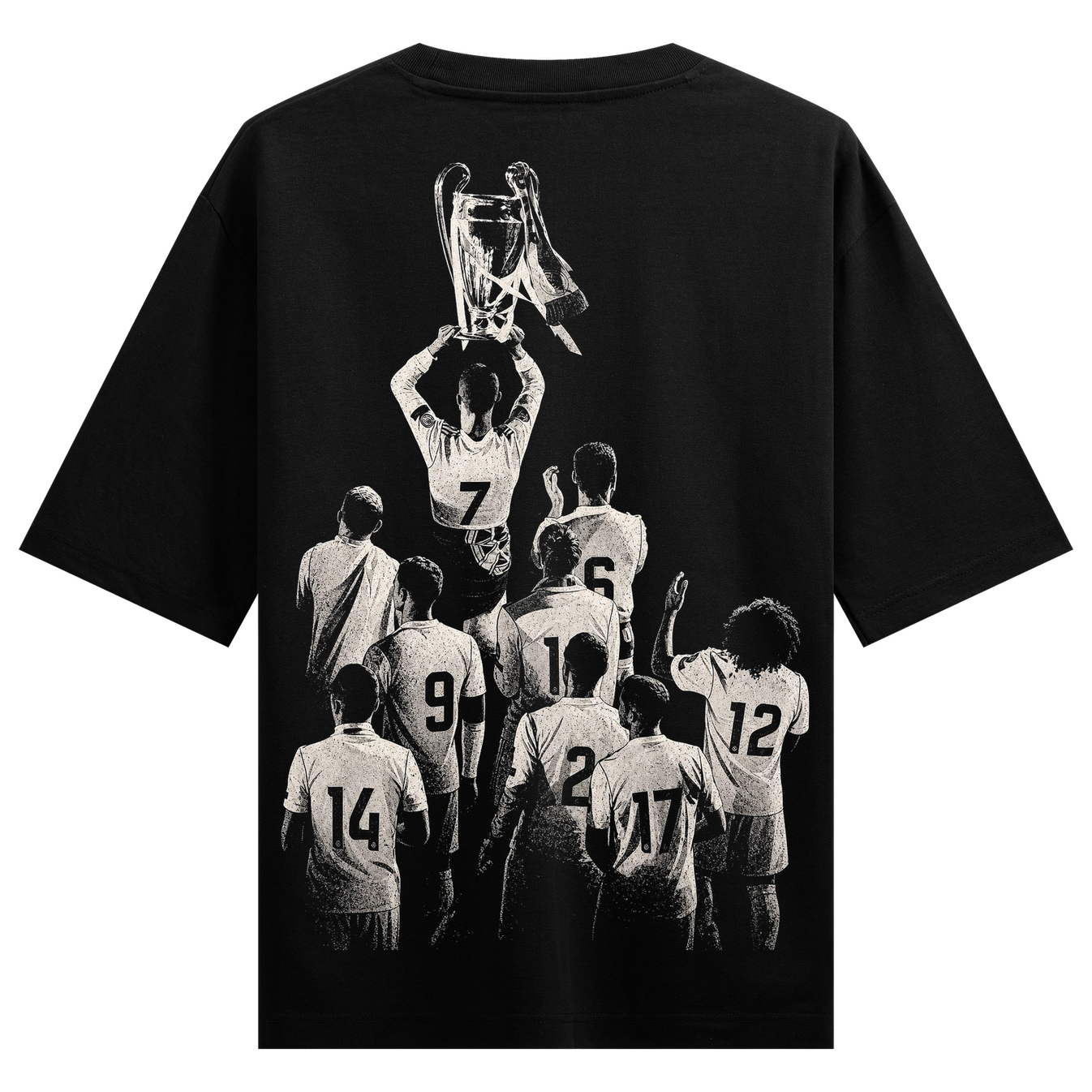 Champions Trophy T-Shirt by PRDGY — monochrome graphic of a football team celebrating, sports design