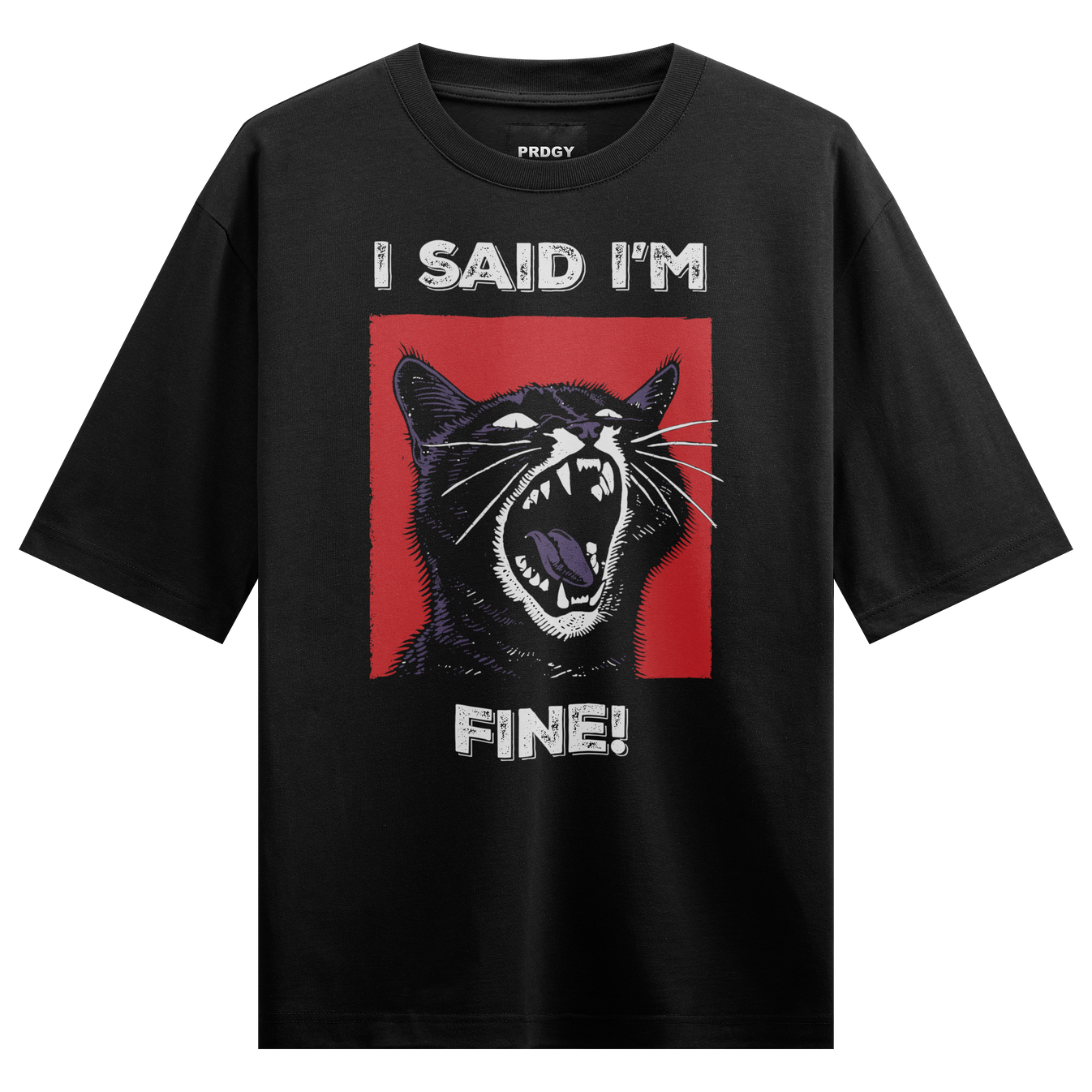 Cranky Cat Oversized T-Shirt by PRDGY — black cat roaring against red background with bold typography, streetwear design.