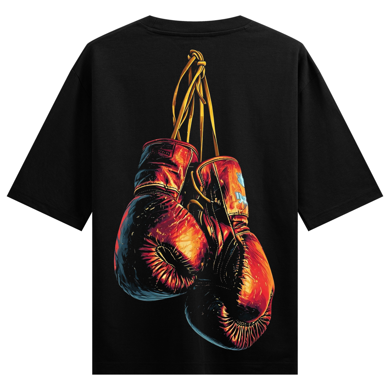 Crimson Knockout Oversized T-Shirt by PRDGY — vibrant neon boxing gloves with fiery gradient, sports culture design