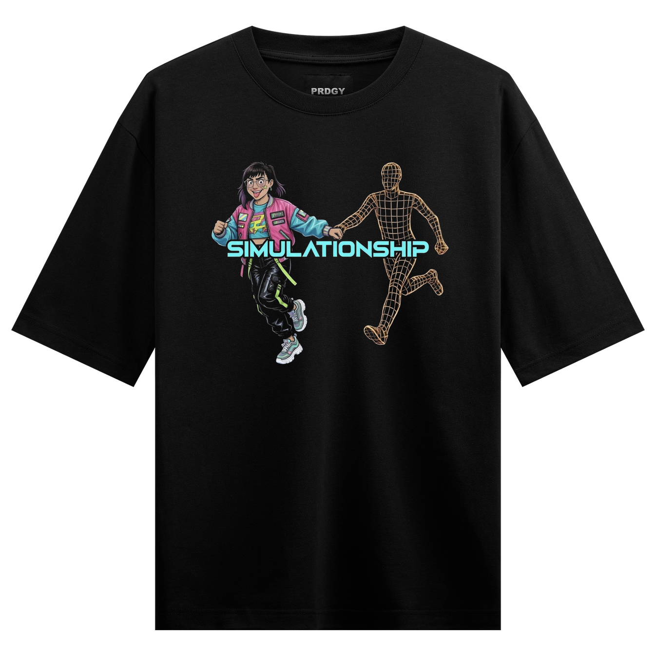 Cyber Relationship Oversized T-Shirt by PRDGY — a stylized girl holding hands with a wireframe mannequin, streetwear design.
