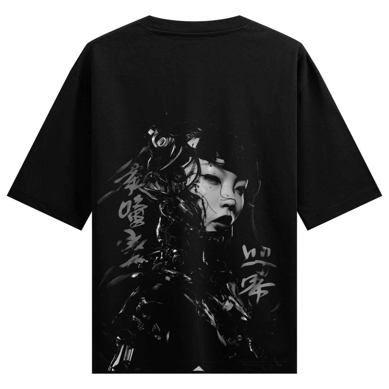 Cybernetic Enigma Oversized T-Shirt by PRDGY — Futuristic cyberpunk portrait with bold monochrome graphics, streetwear