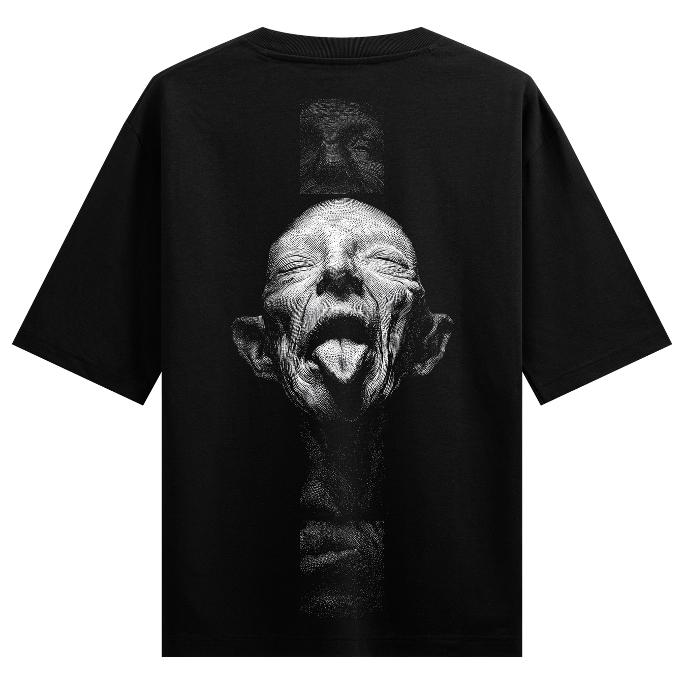 Demon Ascension Oversized T-Shirt by PRDGY — bold monochrome demon face graphic, gothic design