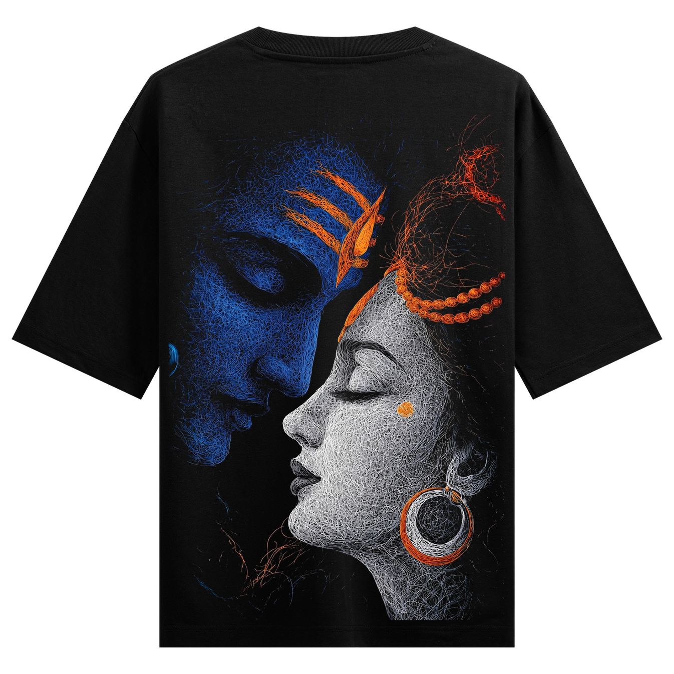 Divine Duality Oversized T-Shirt by PRDGY — artistic blue and white faces with orange accents, spiritual design