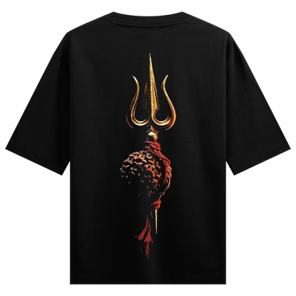 Divine Trident Oversized T-Shirt by PRDGY — golden trident with ornate sphere and crimson rope on black, mahadev design