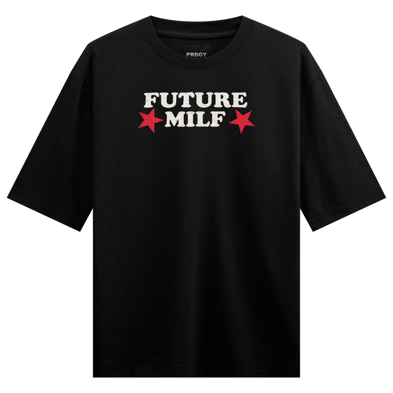 Future Vibes Oversized T-Shirt by PRDGY — Cream vintage typography with bold red stars on black backdrop, streetwear design.