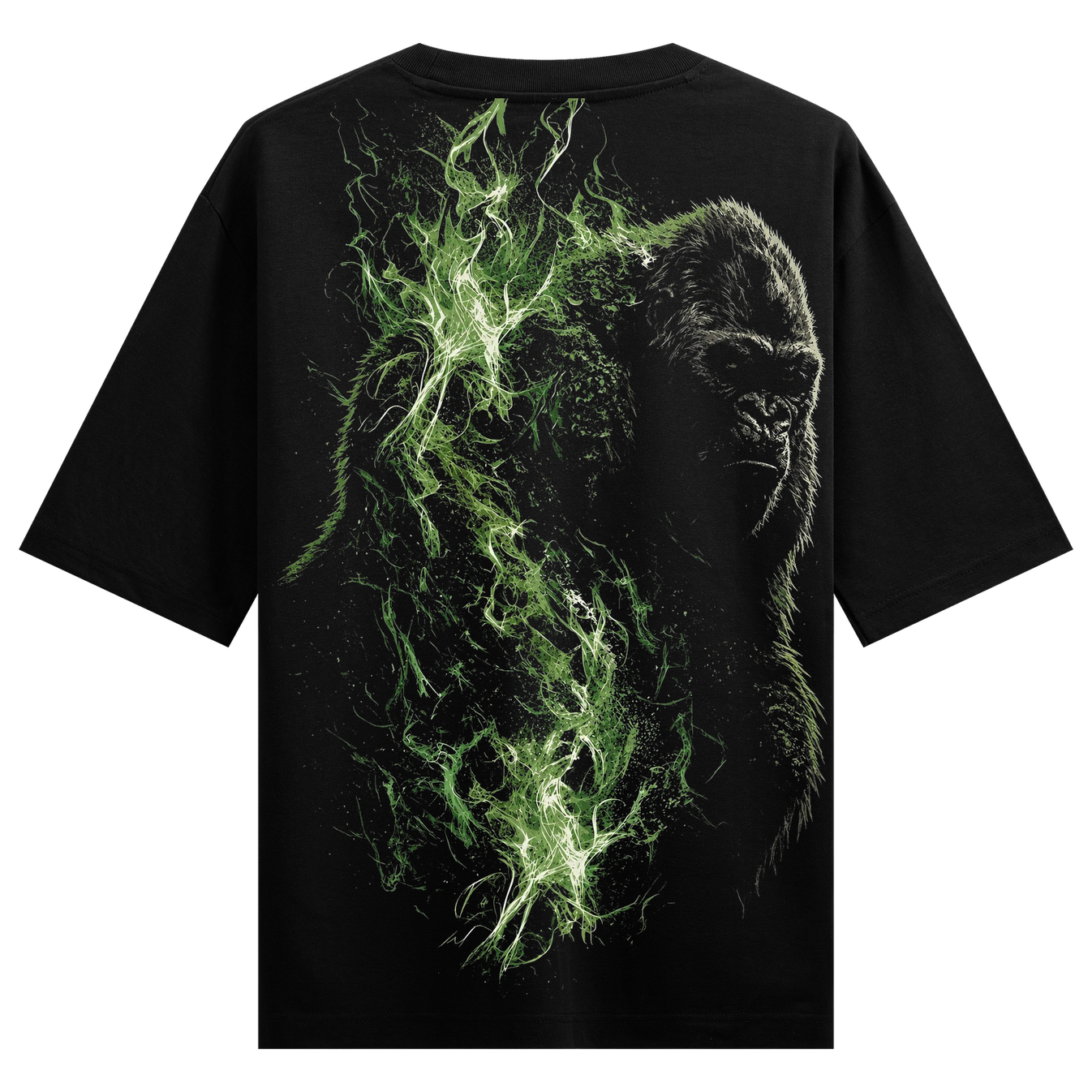 Gorilla Flame T-Shirt by PRDGY — a gorilla emerging from vibrant green flames, dark art design